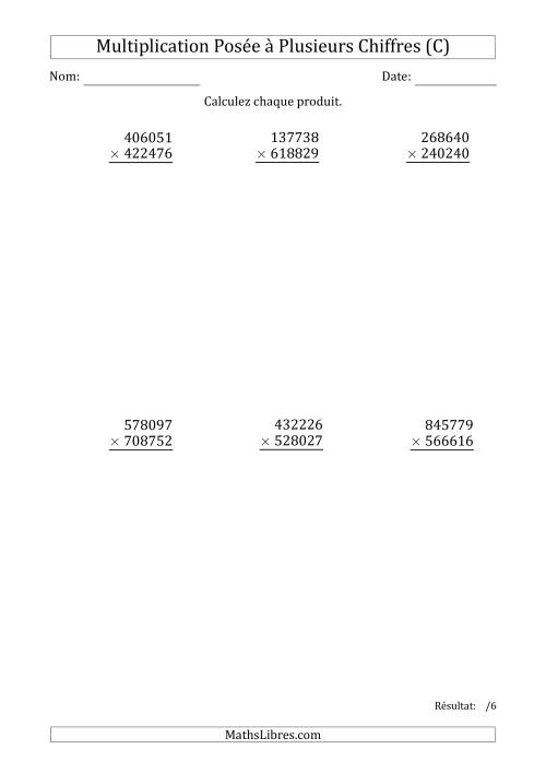 Multiplication d'un Nombre à 6 Chiffres par un Nombre à 6 Chiffres (C)