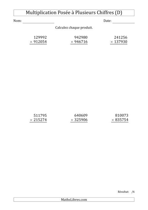 Multiplication d'un Nombre à 6 Chiffres par un Nombre à 6 Chiffres (D)