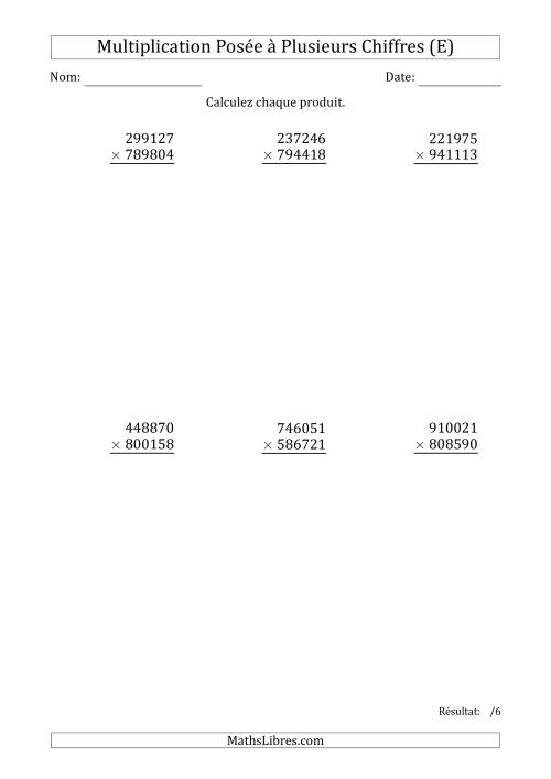 Multiplication d'un Nombre à 6 Chiffres par un Nombre à 6 Chiffres (E)
