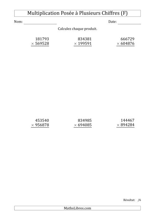 Multiplication d'un Nombre à 6 Chiffres par un Nombre à 6 Chiffres (F)