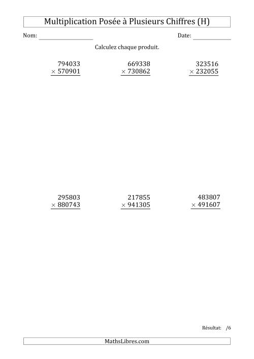 Multiplication d'un Nombre à 6 Chiffres par un Nombre à 6 Chiffres (H)