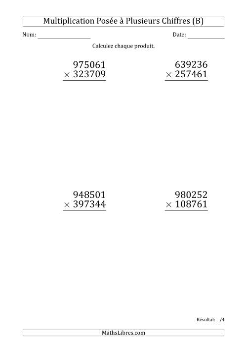 Multiplication d'un Nombre à 6 Chiffres par un Nombre à 6 Chiffres (Gros Caractère) (B)