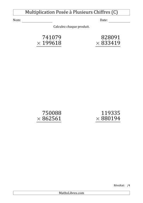 Multiplication d'un Nombre à 6 Chiffres par un Nombre à 6 Chiffres (Gros Caractère) (C)