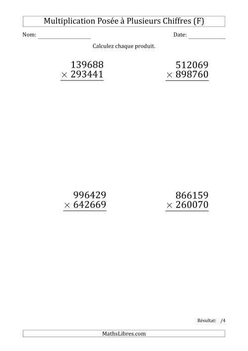 Multiplication d'un Nombre à 6 Chiffres par un Nombre à 6 Chiffres (Gros Caractère) (F)