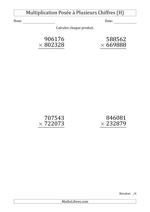 Multiplication d'un Nombre à 6 Chiffres par un Nombre à 6 Chiffres (Gros Caractère) (H)
