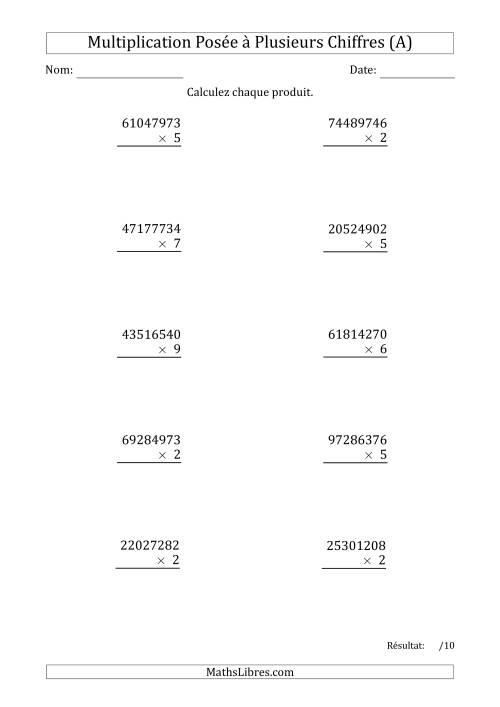 Multiplication d'un Nombre à 8 Chiffres par un Nombre à 1 Chiffre (A)