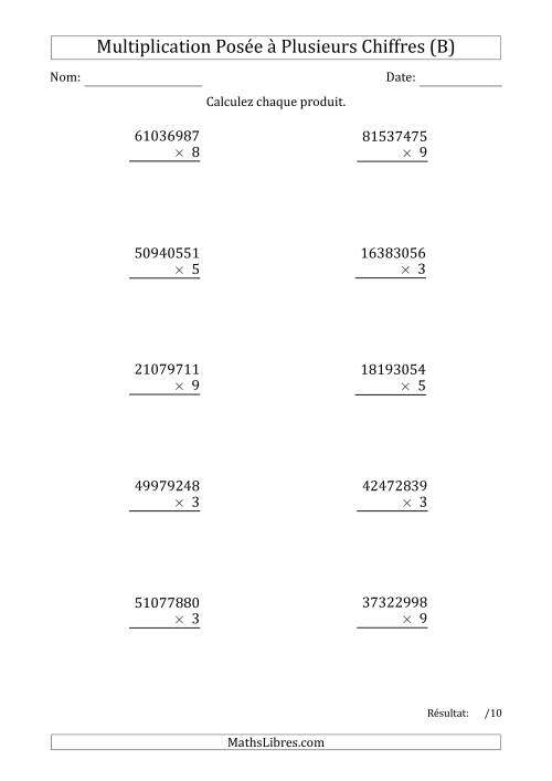 Multiplication d'un Nombre à 8 Chiffres par un Nombre à 1 Chiffre (B)
