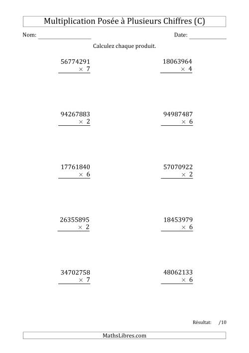 Multiplication d'un Nombre à 8 Chiffres par un Nombre à 1 Chiffre (C)