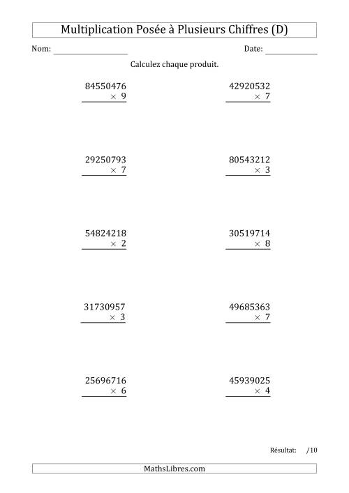 Multiplication d'un Nombre à 8 Chiffres par un Nombre à 1 Chiffre (D)