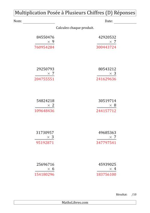 Multiplication d'un Nombre à 8 Chiffres par un Nombre à 1 Chiffre (D) page 2