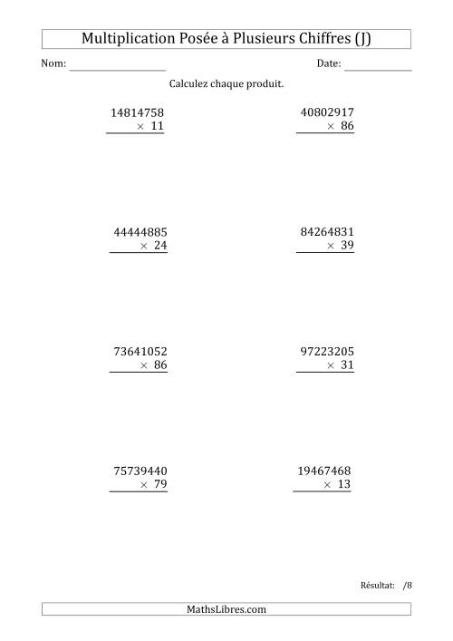 Multiplication d'un Nombre à 8 Chiffres par un Nombre à 2 Chiffres (J)