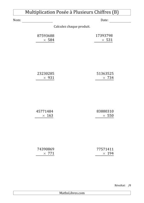 Multiplication d'un Nombre à 8 Chiffres par un Nombre à 3 Chiffres (B)