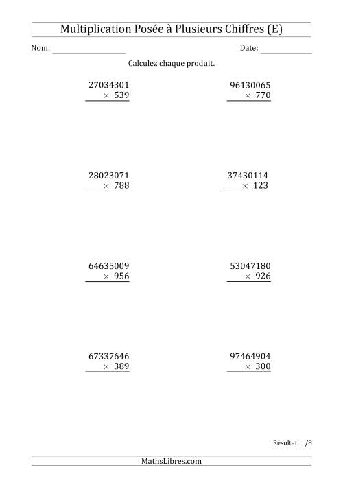 Multiplication d'un Nombre à 8 Chiffres par un Nombre à 3 Chiffres (E)
