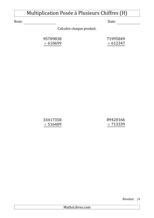Multiplication d'un Nombre à 8 Chiffres par un Nombre à 6 Chiffres (H)