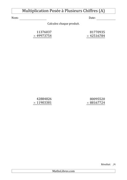 Multiplication d'un Nombre à 8 Chiffres par un Nombre à 8 Chiffres (A)