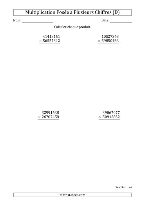 Multiplication d'un Nombre à 8 Chiffres par un Nombre à 8 Chiffres (D)