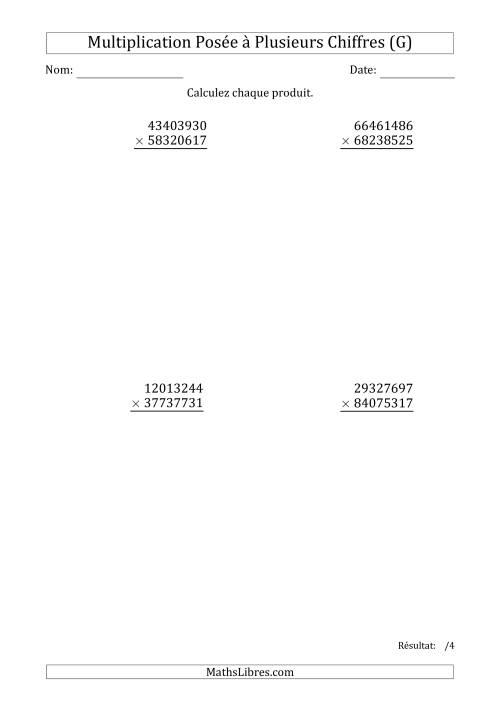 Multiplication d'un Nombre à 8 Chiffres par un Nombre à 8 Chiffres (G)