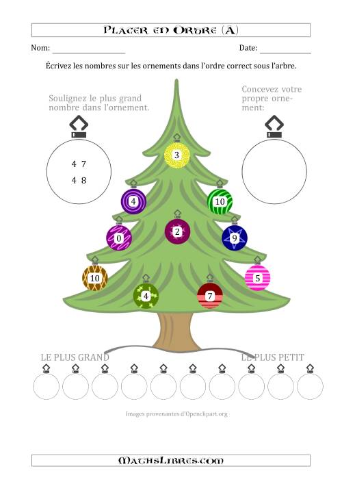 Placer en Ordre des Nombres Compris Entre 0 et 10 sur un Arbre de Noël (A)
