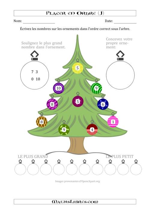 Placer en Ordre des Nombres Compris Entre 0 et 10 sur un Arbre de Noël (J)