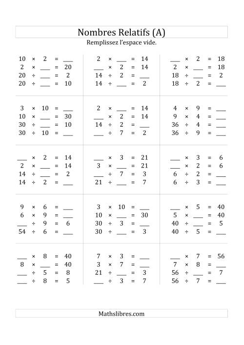 Multiplication & la Division des Nombres Relatifs Jusqu'à 100 (A)