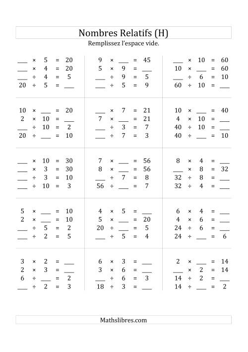 Multiplication & la Division des Nombres Relatifs Jusqu'à 100 (H)