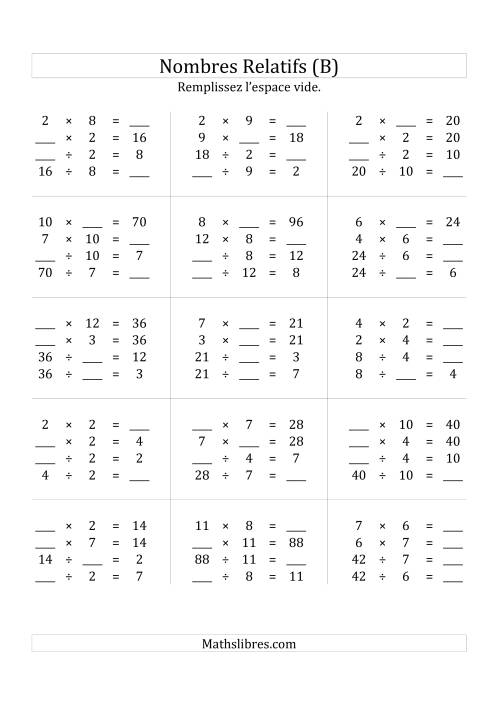 Multiplication & la Division des Nombres Relatifs Jusqu'à 144 (B)