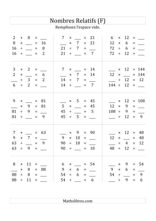 Multiplication & la Division des Nombres Relatifs Jusqu'à 144 (F)