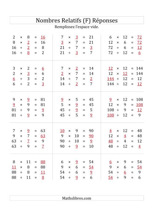 Multiplication & la Division des Nombres Relatifs Jusqu'à 144 (F) page 2
