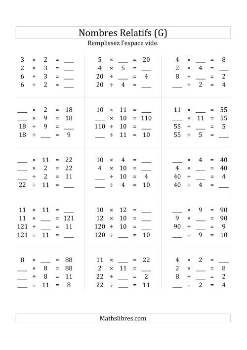 Multiplication & la Division des Nombres Relatifs Jusqu'à 144 (G)