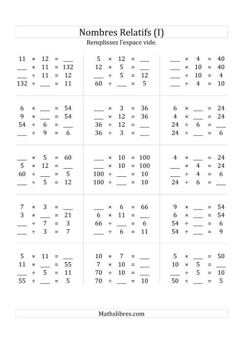 Multiplication & la Division des Nombres Relatifs Jusqu'à 144 (I)