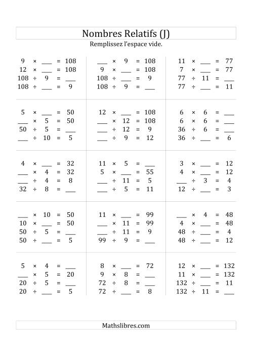 Multiplication & la Division des Nombres Relatifs Jusqu'à 144 (J)