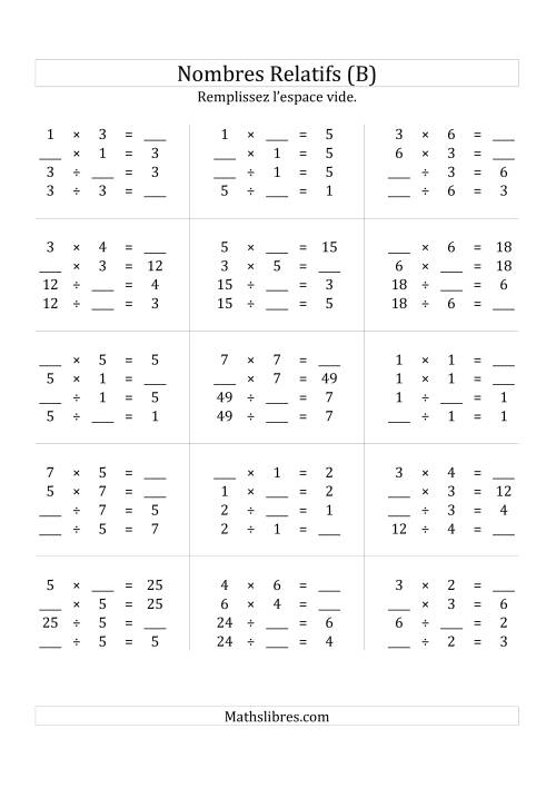 Multiplication & la Division des Nombres Relatifs Jusqu'à 49 (B)