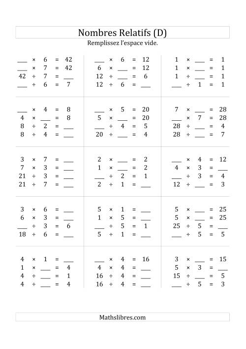 Multiplication & la Division des Nombres Relatifs Jusqu'à 49 (D)