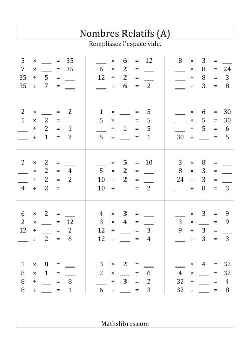 Multiplication & la Division des Nombres Relatifs Jusqu'à 64 (A)
