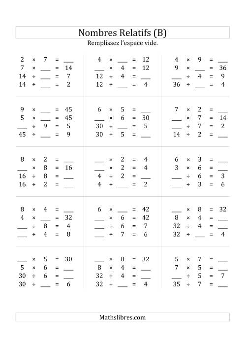 Multiplication & la Division des Nombres Relatifs Jusqu'à 81 (B)