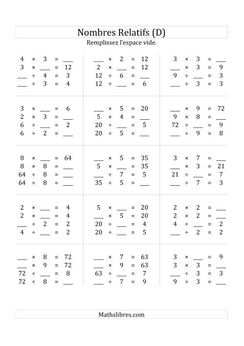 Multiplication & la Division des Nombres Relatifs Jusqu'à 81 (D)