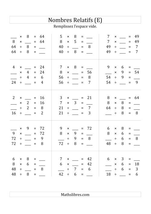 Multiplication & la Division des Nombres Relatifs Jusqu'à 81 (E)