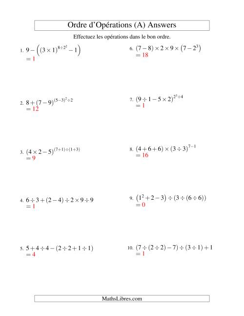 Ordre des opérations avec nombres entiers (six étapes) -- Toutes opérations (nombres positifs seulement) (Ancien) page 2
