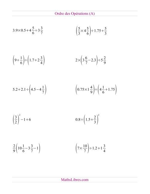 Ordre des opérations avec fractions et nombres décimaux -- Toutes opérations (nombres positifs seulement) (A)