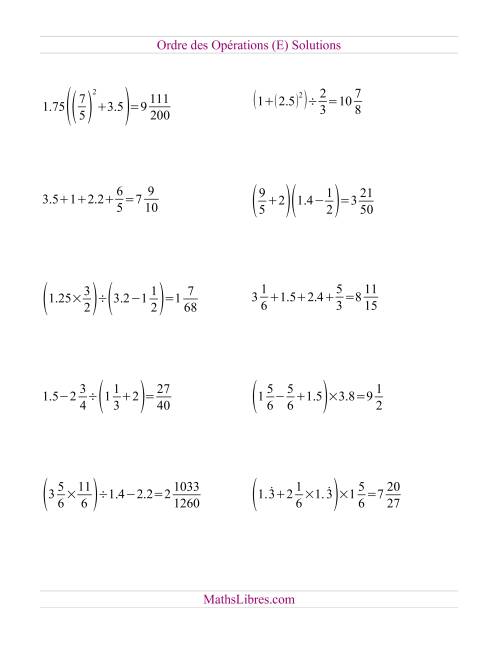 Ordre des opérations avec fractions et nombres décimaux -- Toutes opérations (nombres positifs seulement) (E) page 2