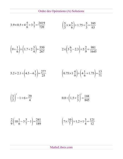 Ordre des opérations avec fractions et nombres décimaux -- Toutes opérations (nombres positifs seulement) (Tout) page 2
