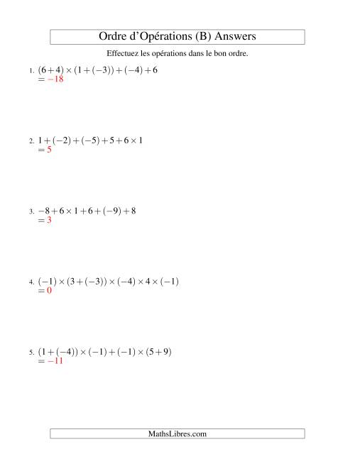 Ordre des opérations avec nombres entiers (cinq étapes) -- Addition et multiplication (B) page 2