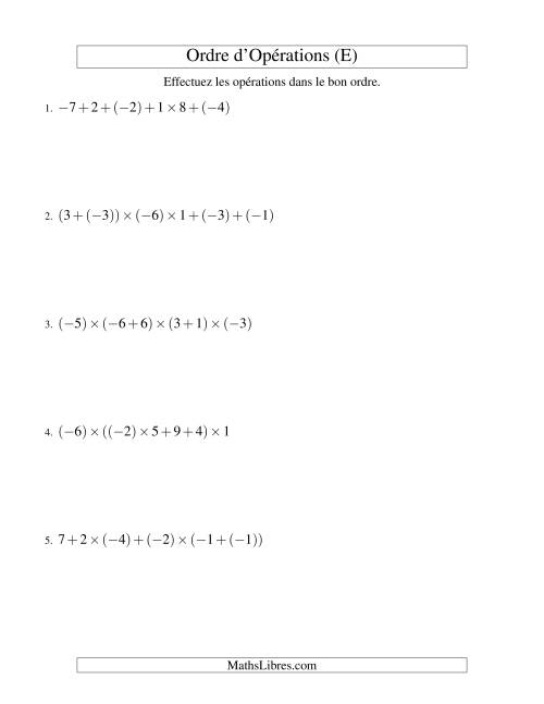 Ordre des opérations avec nombres entiers (cinq étapes) -- Addition et multiplication (E)