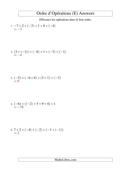 Ordre des opérations avec nombres entiers (cinq étapes) -- Addition et multiplication (E) page 2