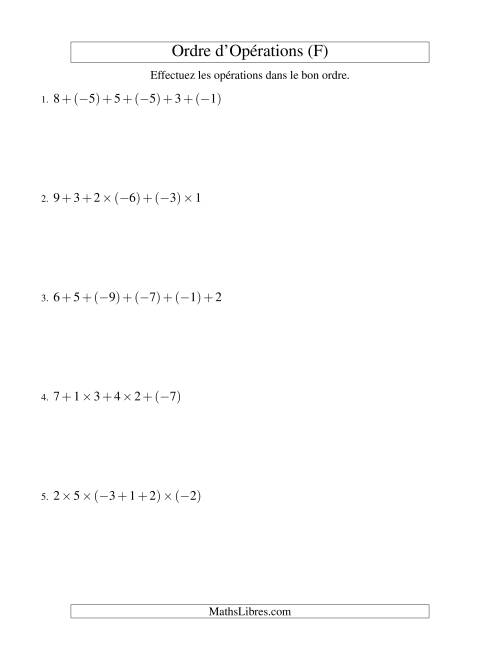 Ordre des opérations avec nombres entiers (cinq étapes) -- Addition et multiplication (F)