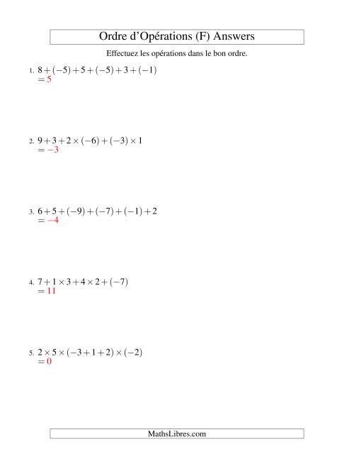 Ordre des opérations avec nombres entiers (cinq étapes) -- Addition et multiplication (F) page 2
