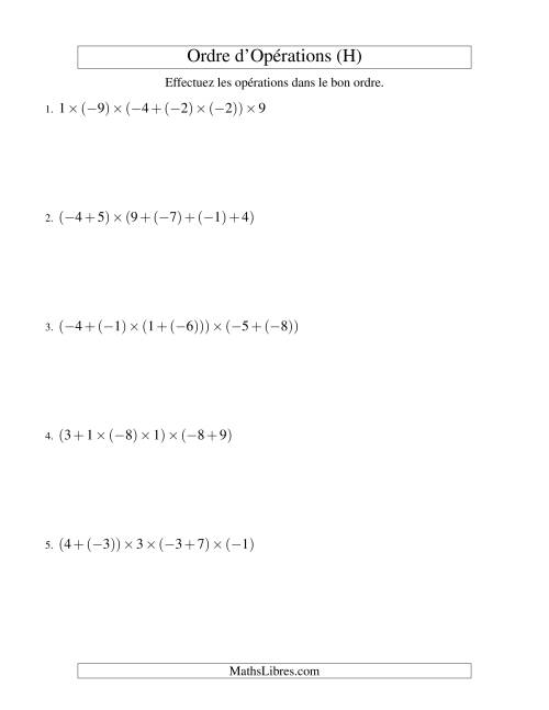 Ordre des opérations avec nombres entiers (cinq étapes) -- Addition et multiplication (H)