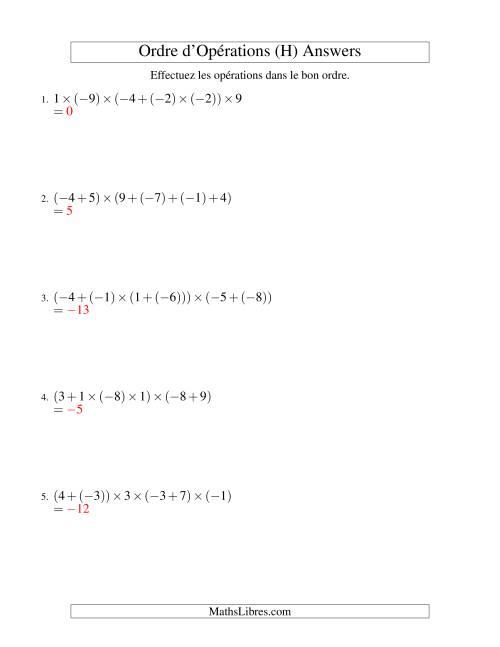 Ordre des opérations avec nombres entiers (cinq étapes) -- Addition et multiplication (H) page 2