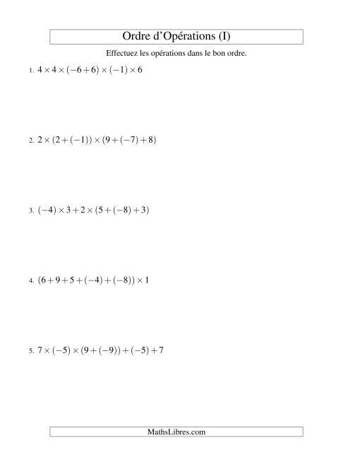 Ordre des opérations avec nombres entiers (cinq étapes) -- Addition et multiplication (I)