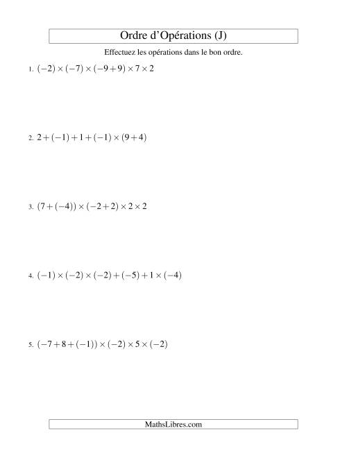 Ordre des opérations avec nombres entiers (cinq étapes) -- Addition et multiplication (J)